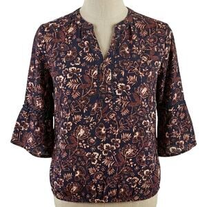 Gloria Vanderbilt Blouse Size L Blue Pink Paisley Boho Prairie Office Casual
